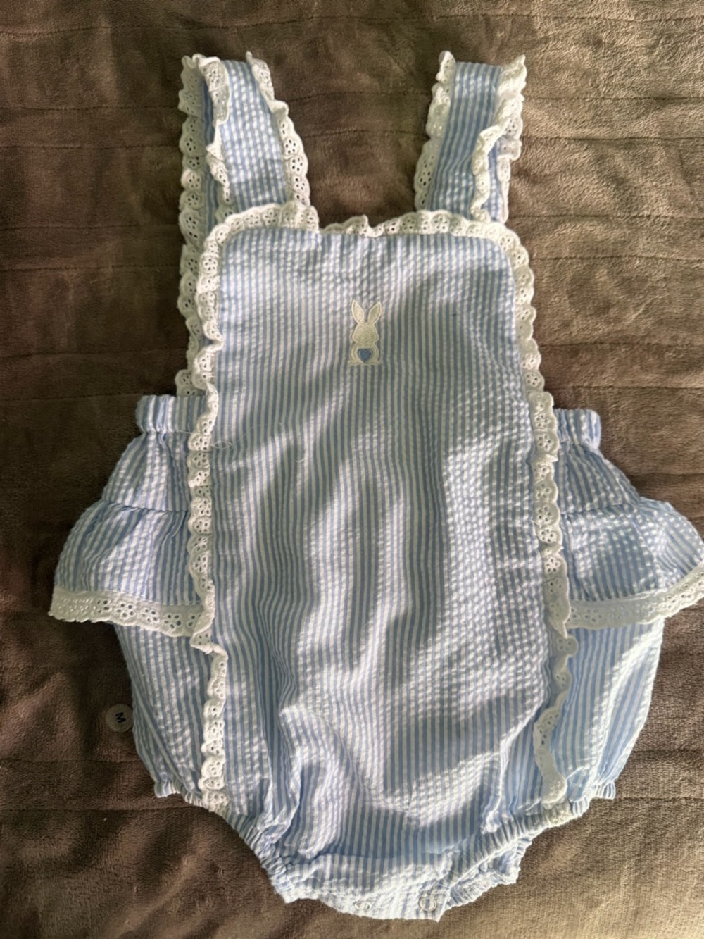 Blue & White Striped Lace-Trim Baby Romper with Bunny Motif